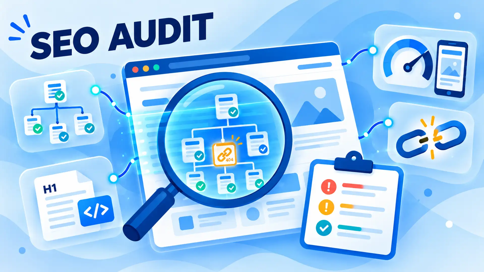 Počítač s prehľadom SEO auditu: kontrolný zoznam, grafy a technické chyby webu