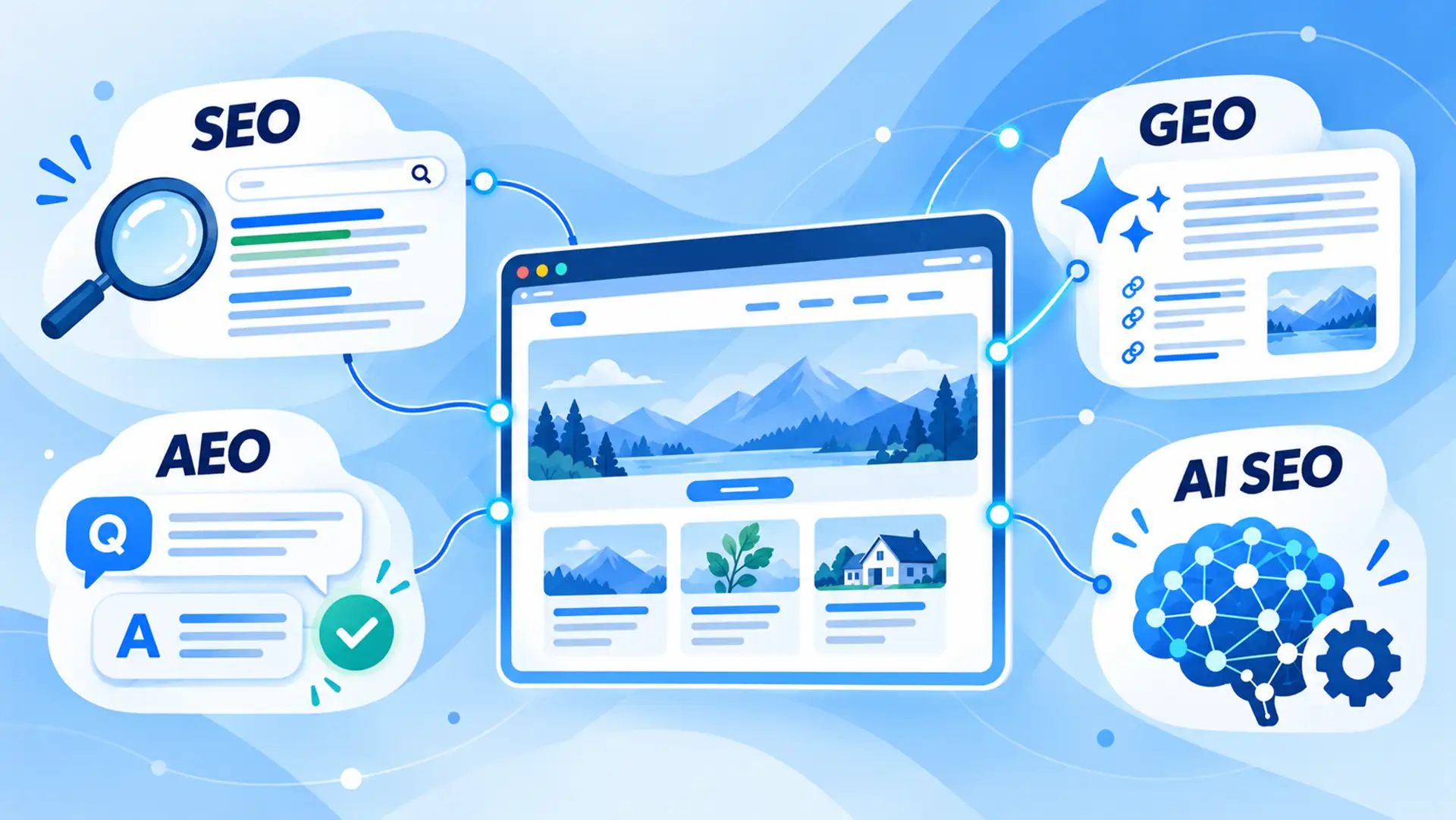 Počítač s vyhľadávacím poľom a štítkami SEO, AEO, GEO a AI SEO – rozdiely medzi SEO, GEO, AEO a AI SEO