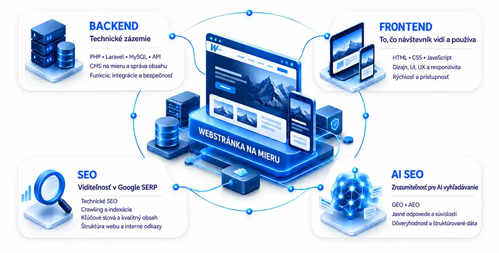 Schéma webstránky na mieru: backend s CMS na mieru, frontend s dizajnom a responzivitou, SEO a AI SEO prepojené do jedného celku